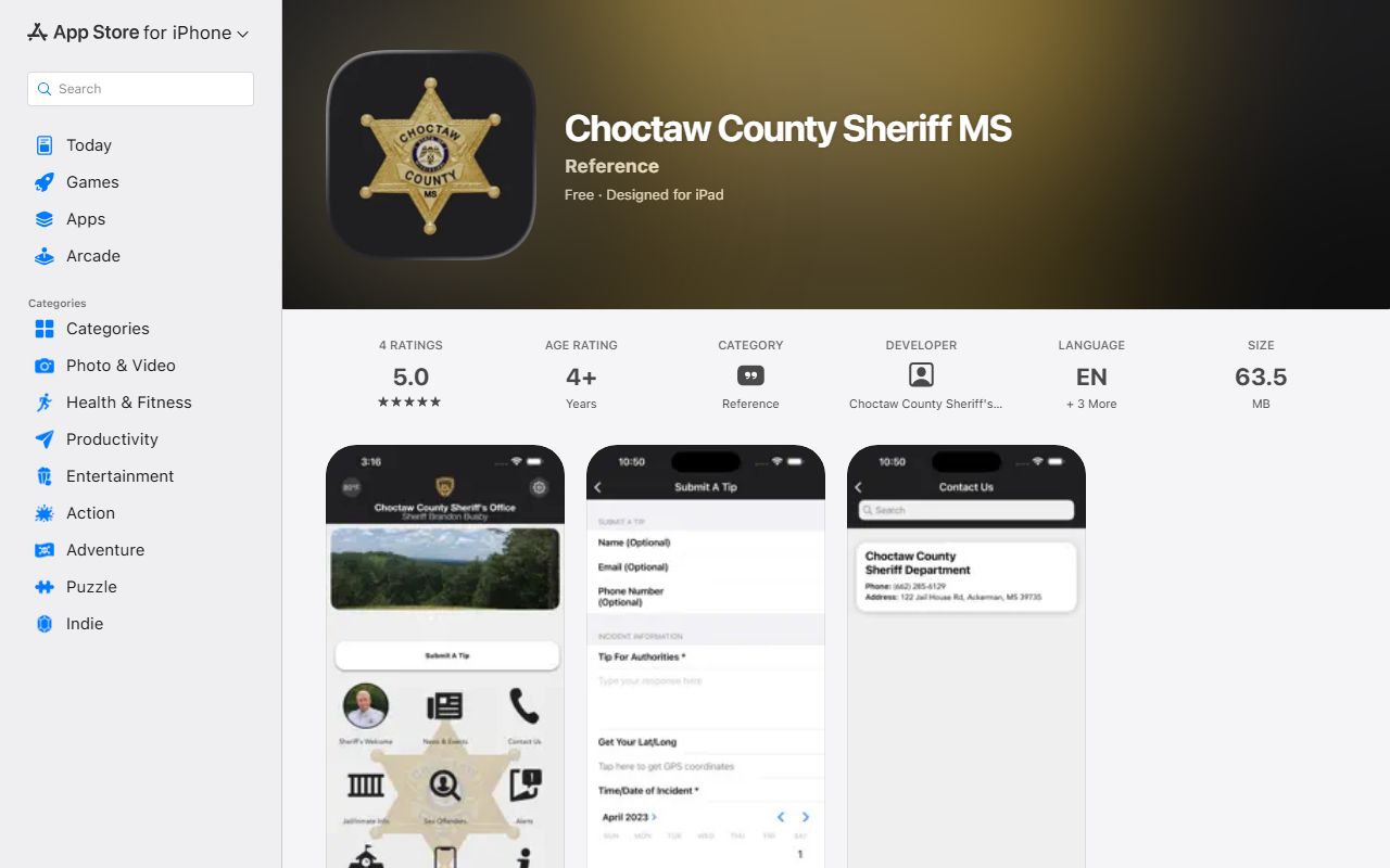 Choctaw County arrest records channel shown on the Choctaw County Sheriff MS iOS app listing