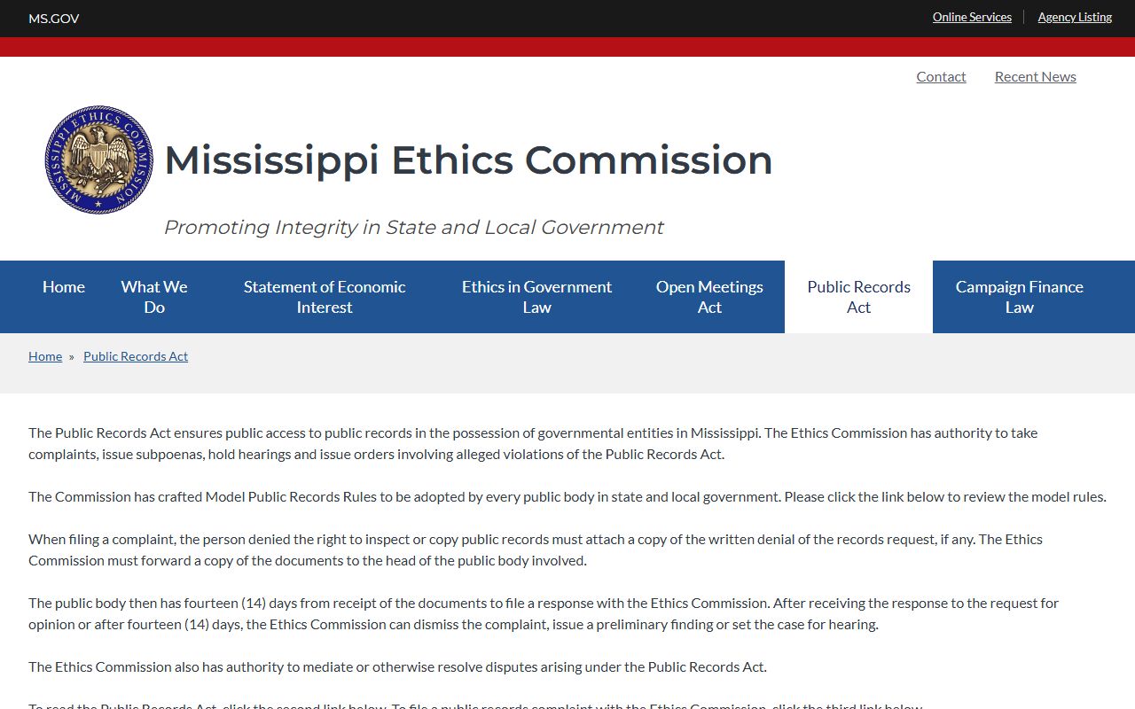 Choctaw County court records access rights on the Mississippi Ethics Commission public records page