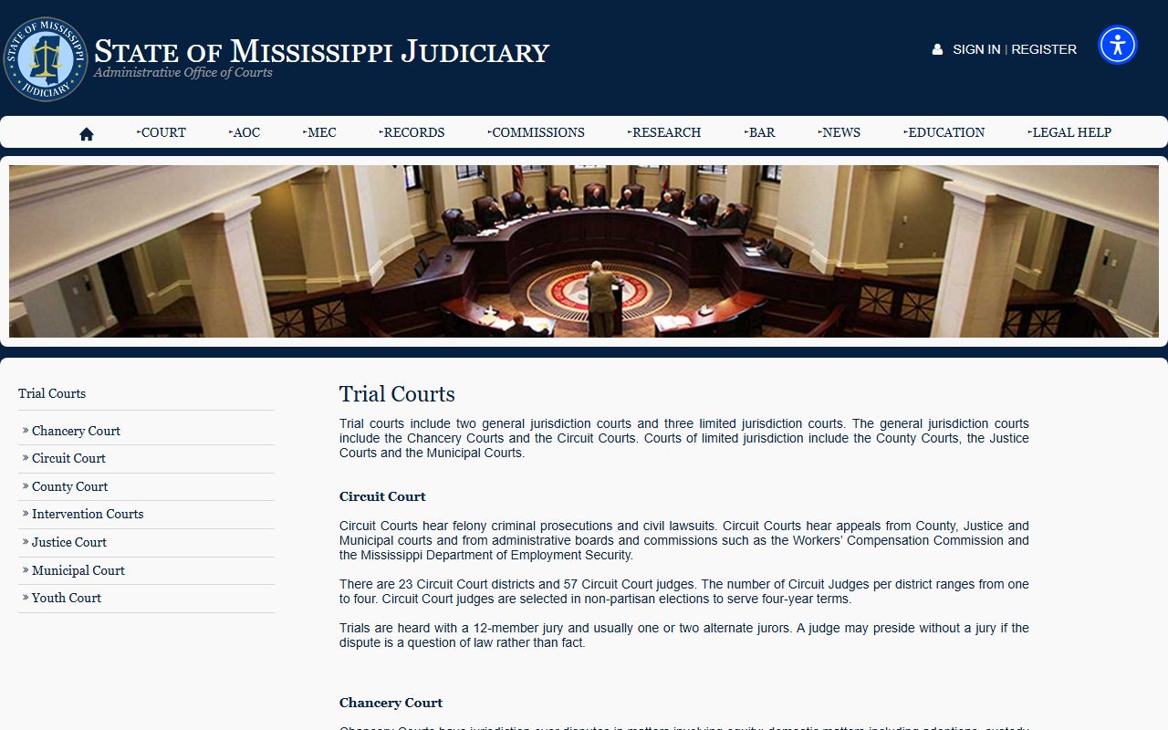 Choctaw County court records context from the Mississippi trial courts overview