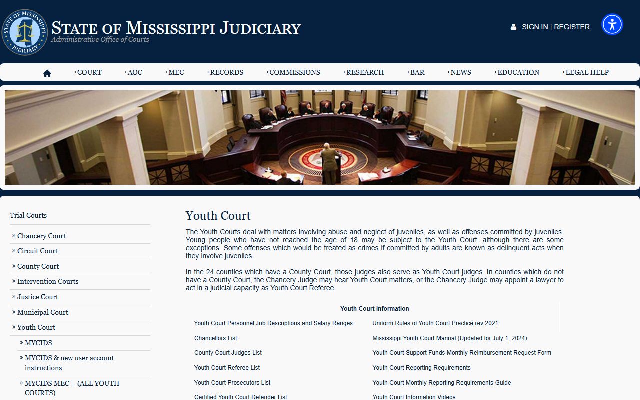 Choctaw County criminal court records limits shown on the Mississippi Youth Court overview