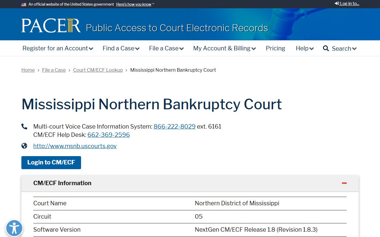 Choctaw County court records lookup, the PACER CM/ECF page for the Mississippi Northern Bankruptcy Court