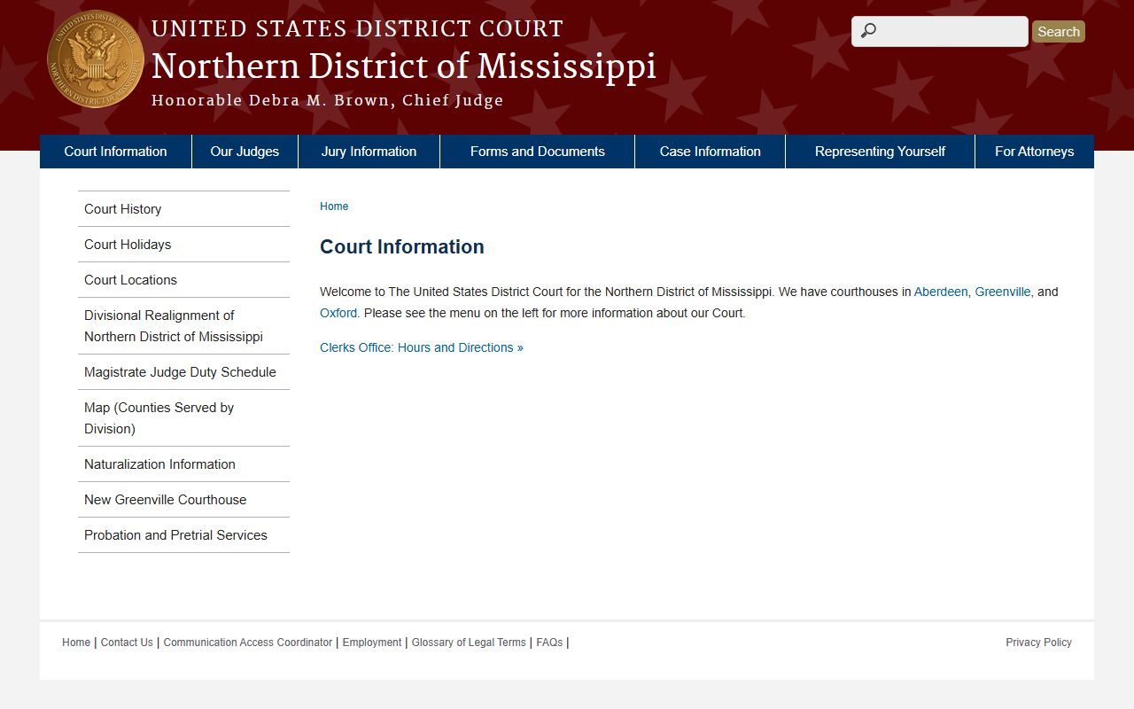 Choctaw County court records context, the Northern District of Mississippi court information page