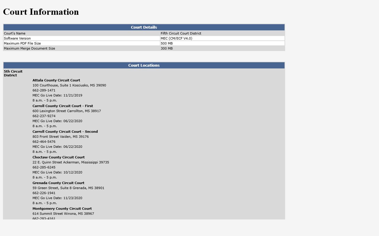 Fifth Circuit MEC information for Choctaw County Circuit Court records