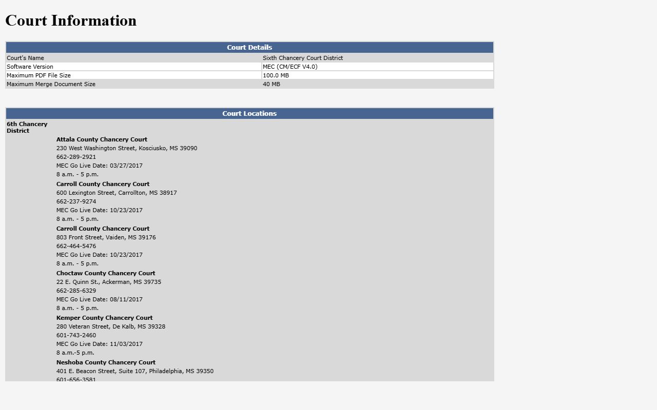 Sixth Chancery MEC information for Choctaw County Chancery Court records
