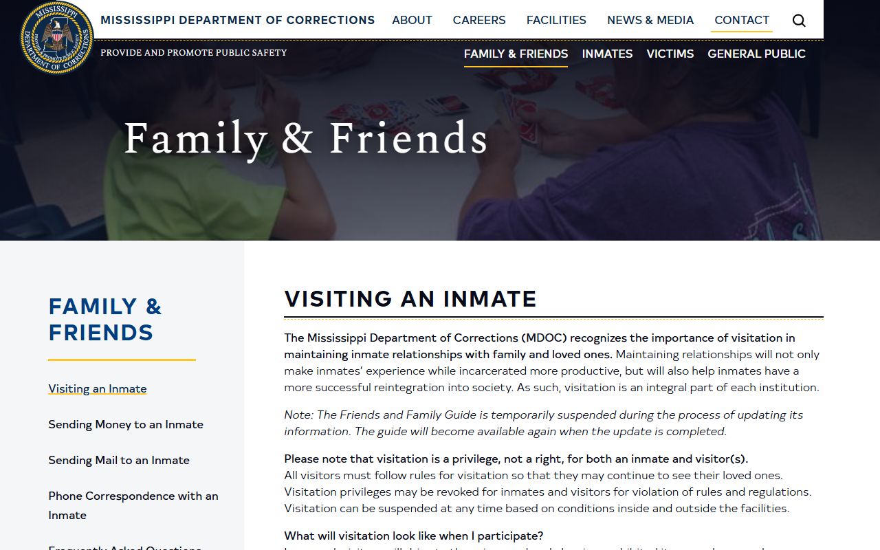 Choctaw County inmate records visitation guidance on the MDOC family and friends page