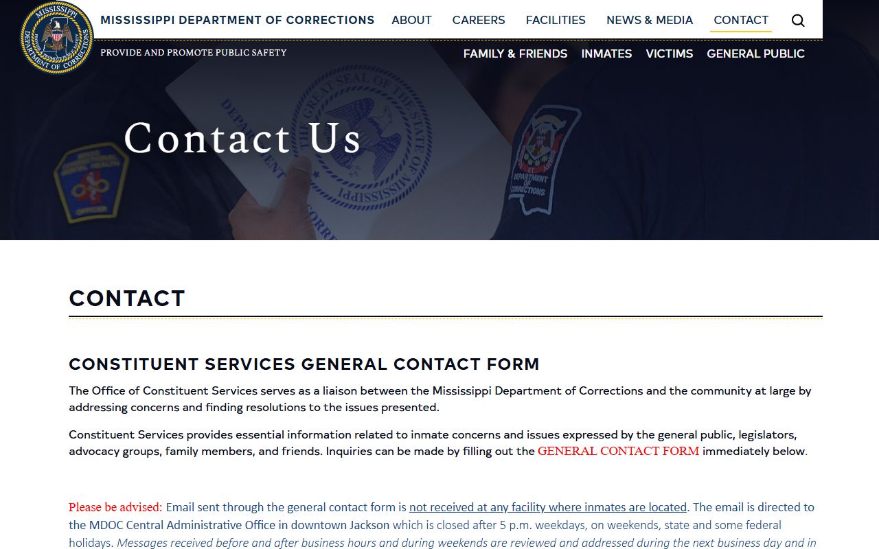 Choctaw County inmate records contact options on the Mississippi Department of Corrections contact page