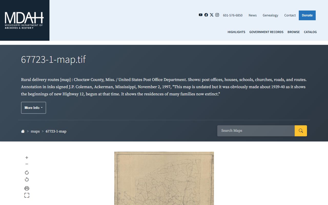 Choctaw County marriage and divorce records research using the MDAH historic county map