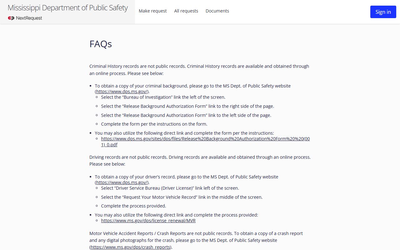 Choctaw County traffic court records access limits on the Mississippi DPS public records FAQ page